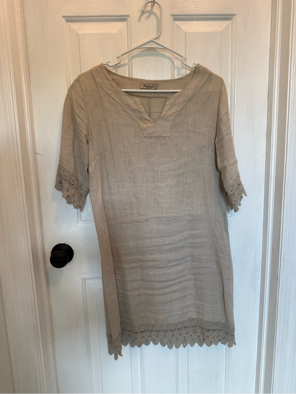 Beige Lace-Hem Women's Linen Dress